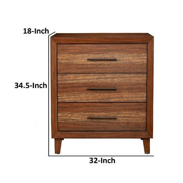 Benzara Paul 35 Inch Small Dresser Chest, 3 Drawers, Metal Bar Handles, Warm Brown