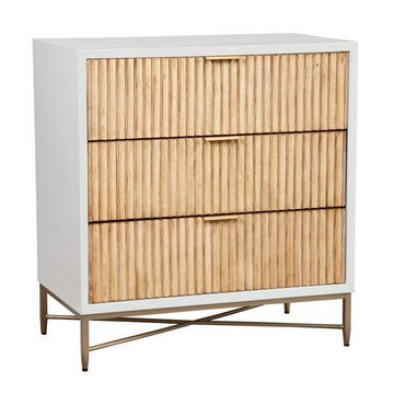 Eli 34 Inch 3 Drawer Small Dresser Nightstand, Corrugated Panels, White, Gold - BM284287