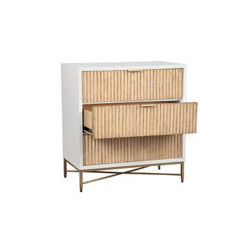Eli 34 Inch 3 Drawer Small Dresser Nightstand, Corrugated Panels, White, Gold - BM284287