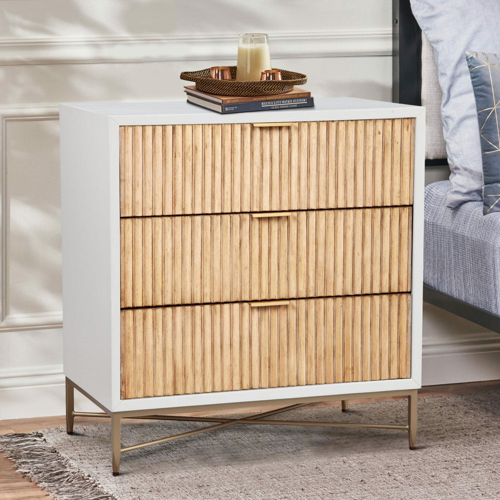 Benzara Eli 34 Inch 3 Drawer Small Dresser Nightstand, Corrugated Panels, White, Gold - BM284287 Benzara Eli 34 Inch 3 Drawer Small Dresser Nightstand, Corrugated Panels, White, Gold - BM284287