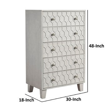 Benzara Rue 48 Inch 5 Drawer Dresser Chest, Textured Honeycomb Design, Light Gray - BM284298 Benzara Rue 48 Inch 5 Drawer Dresser Chest, Textured Honeycomb Design, Light Gray - BM284298