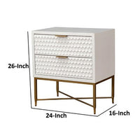 Rexi 26 Inch 2 Drawer Nightstand, Honeycomb, Mahogany Wood, White, Gold - BM284300