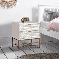 Rexi 26 Inch 2 Drawer Nightstand, Honeycomb, Mahogany Wood, White, Gold - BM284300