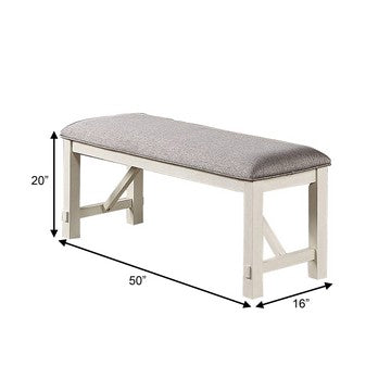 Lexi 50 Inch Dining Bench, Fabric Padded Seat, Rubberwood, Gray and White - BM284313