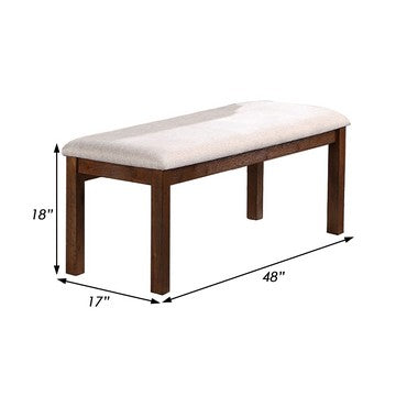 48 Inch Classic Fabric Upholstered Dining Bench, Pine Wood, Ivory and Brown - BM284352