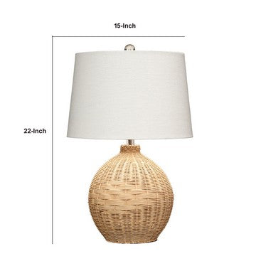 Cape 22 Inch Contemporary Rattan Table Lamp, Hand Woven, Linen Shade, Brown - BM284414