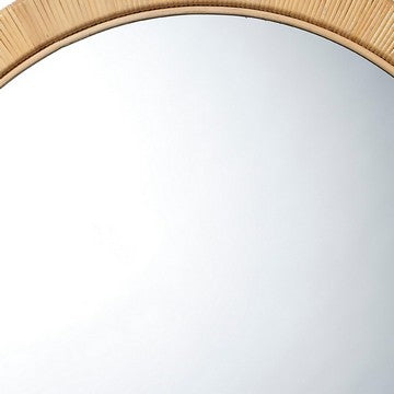 36 Inch Coastal Style Round Mirror, Hand Woven Rattan Frame, Glass, Brown - BM284430