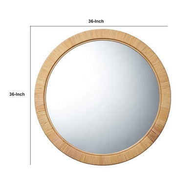 36 Inch Coastal Style Round Mirror, Hand Woven Rattan Frame, Glass, Brown - BM284430