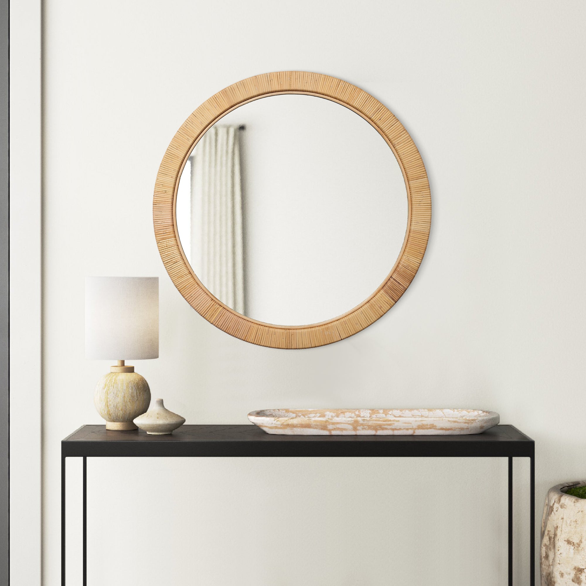 Benzara 36 Inch Coastal Style Round Mirror, Hand Woven