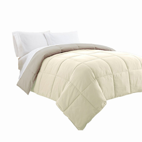 Beth Reversible Microfiber Queen Comforter, Squared Stitching, Ivory, Beige - BM284438