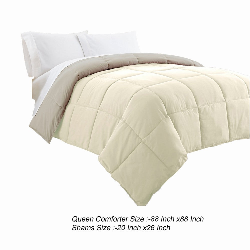 Beth Reversible Microfiber Queen Comforter, Squared Stitching, Ivory, Beige - BM284438
