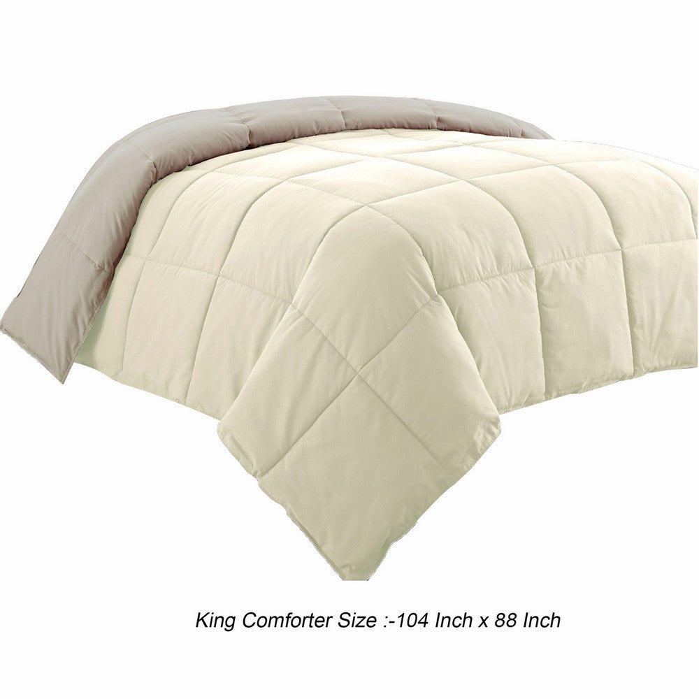 Beth Reversible Microfiber King Comforter, Squared Stitching, Ivory, Beige - BM284441