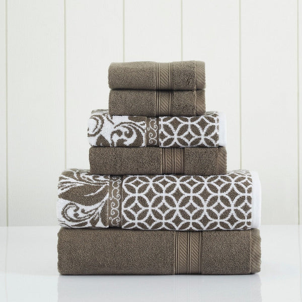 Bev Modern 6 Piece Cotton Towel Set, Jacquard Filigree Pattern, Taupe Brown - BM284466