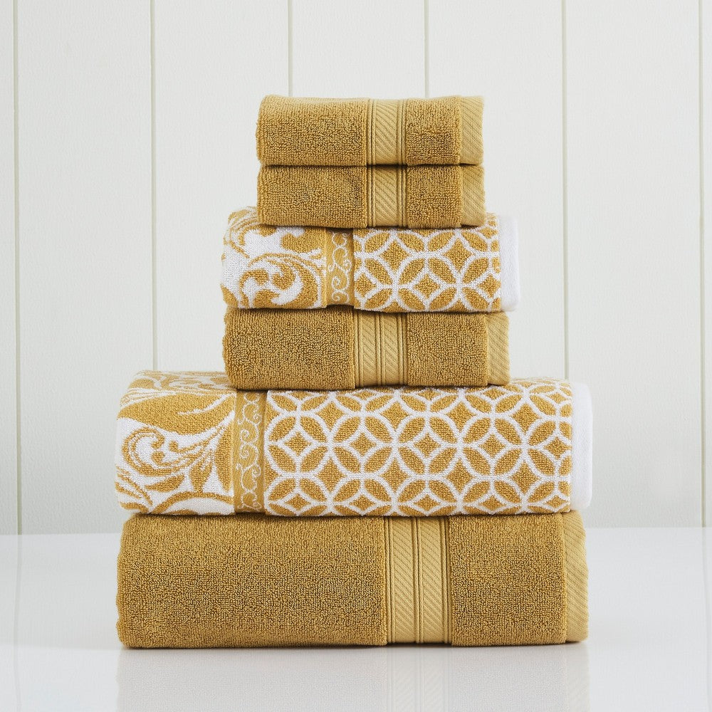 Bev Modern 6 Piece Cotton Towel Set, Jacquard Filigree Pattern, Yellow - BM284467