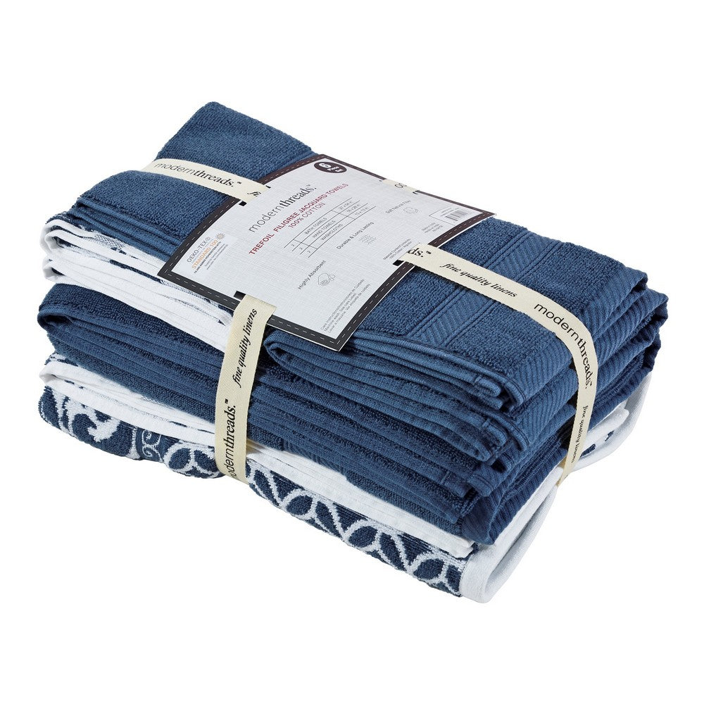 Bev Modern 6 Piece Cotton Towel Set, Jacquard Filigree Pattern, Deep Blue - BM284468