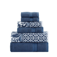 Bev Modern 6 Piece Cotton Towel Set, Jacquard Filigree Pattern, Deep Blue - BM284468