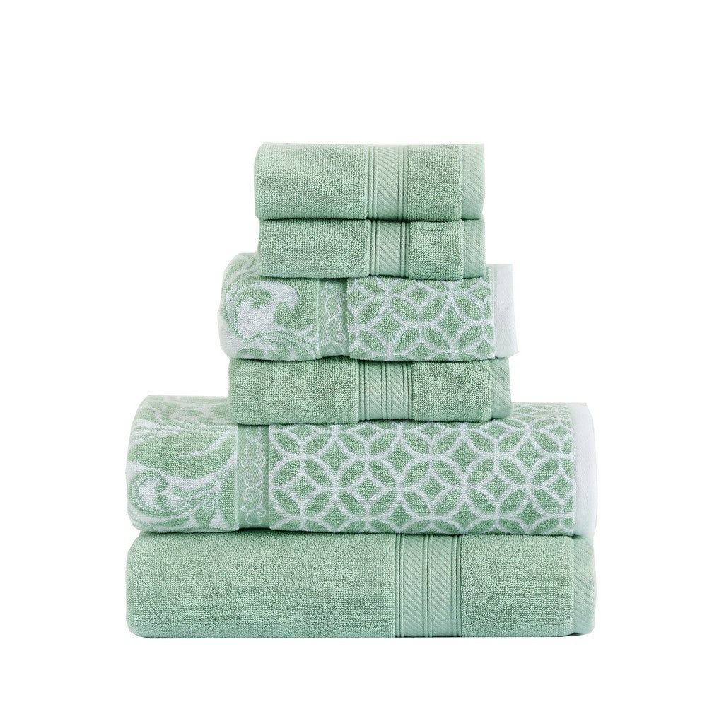 Bev Modern 6 Piece Cotton Towel Set, Jacquard Filigree Pattern, Sage Green - BM284469