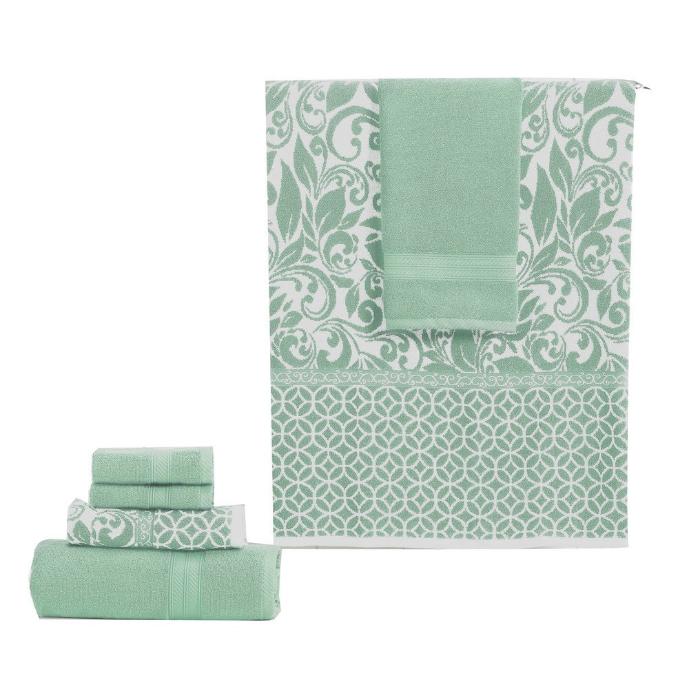 Bev Modern 6 Piece Cotton Towel Set, Jacquard Filigree Pattern, Sage Green - BM284469