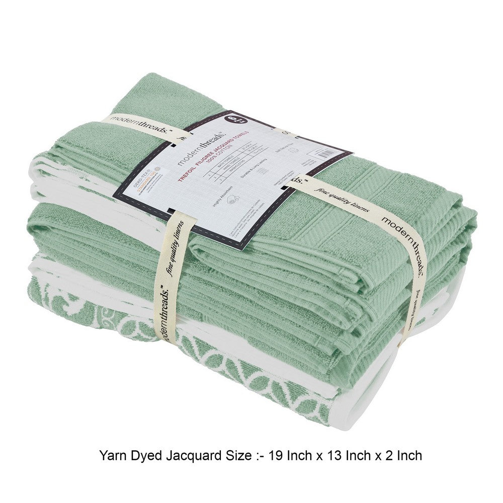 Bev Modern 6 Piece Cotton Towel Set, Jacquard Filigree Pattern, Sage Green - BM284469