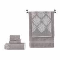 Eula Modern 6 Piece Cotton Towel Set, Stylish Damask Pattern, Light Gray - BM284472