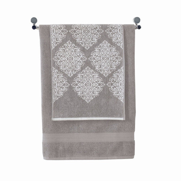 Eula Modern 6 Piece Cotton Towel Set, Stylish Damask Pattern, Light Gray - BM284472