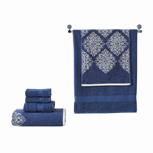 Eula Modern 6 Piece Cotton Towel Set, Stylish Damask Pattern, Deep Blue - BM284473