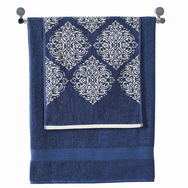 Eula Modern 6 Piece Cotton Towel Set, Stylish Damask Pattern, Deep Blue - BM284473