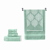 Eula Modern 6 Piece Cotton Towel Set, Stylish Damask Pattern, Sage Green - BM284474