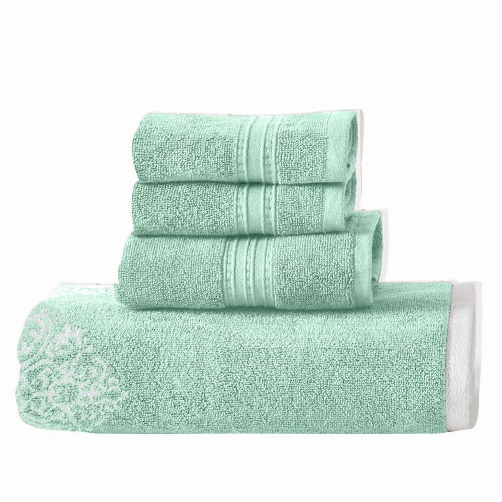 Eula Modern 6 Piece Cotton Towel Set, Stylish Damask Pattern, Sage Green - BM284474