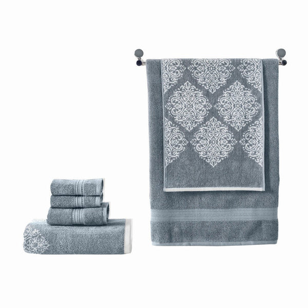 Eula Modern 6 Piece Cotton Towel Set, Stylish Damask Pattern, Slate Blue - BM284475