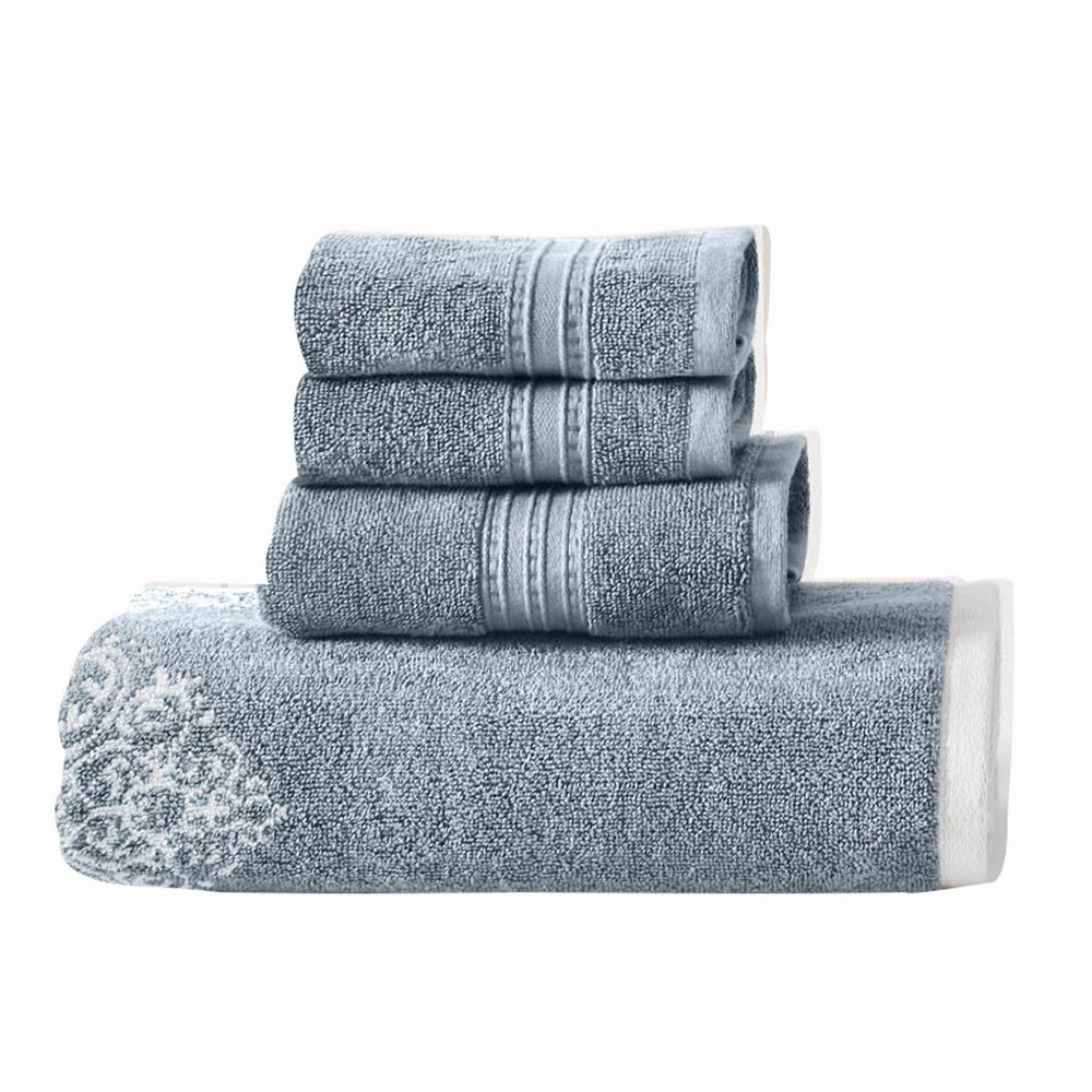 Eula Modern 6 Piece Cotton Towel Set, Stylish Damask Pattern, Slate Blue - BM284475