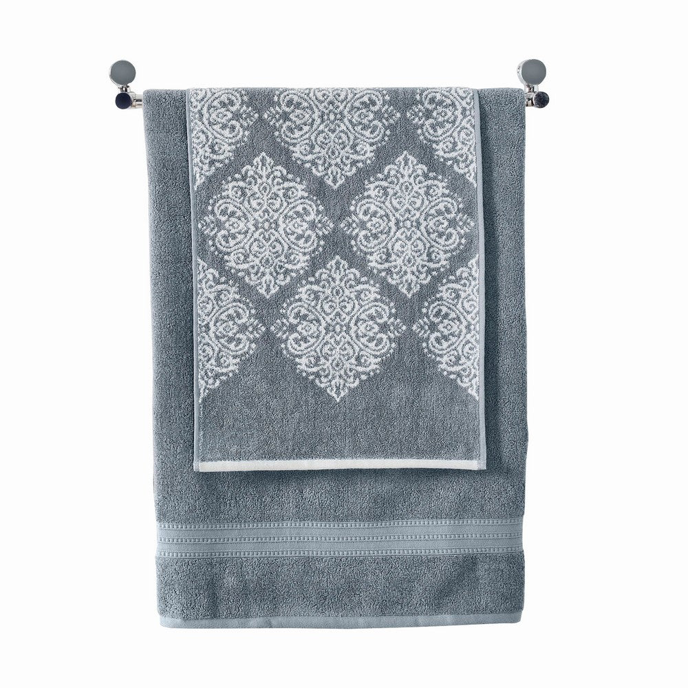 Eula Modern 6 Piece Cotton Towel Set, Stylish Damask Pattern, Slate Blue - BM284475