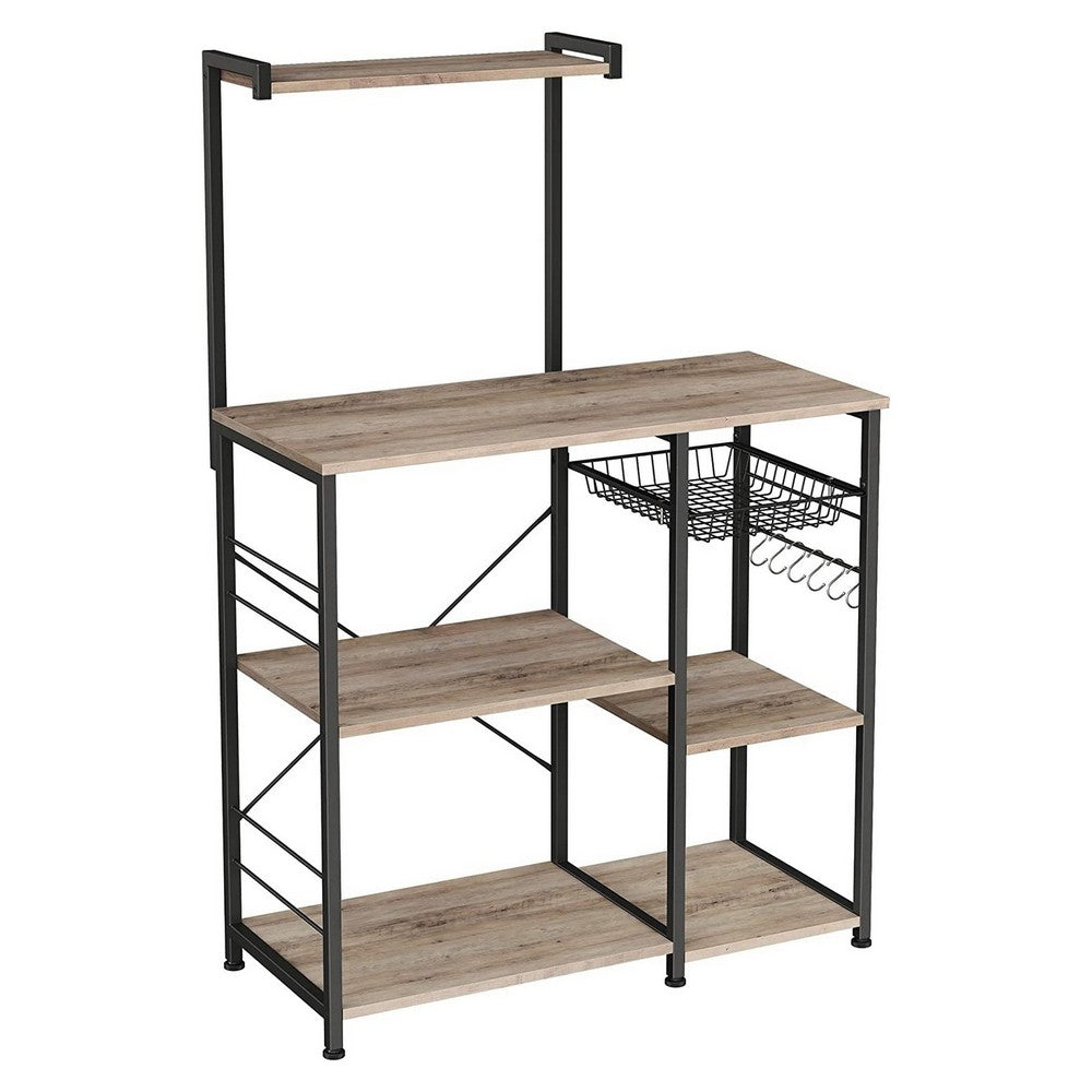 52 Inch Wood Bakers Rack, Kitchen Shelf, 6 Hooks, Workstation, Brown, Black - BM284576