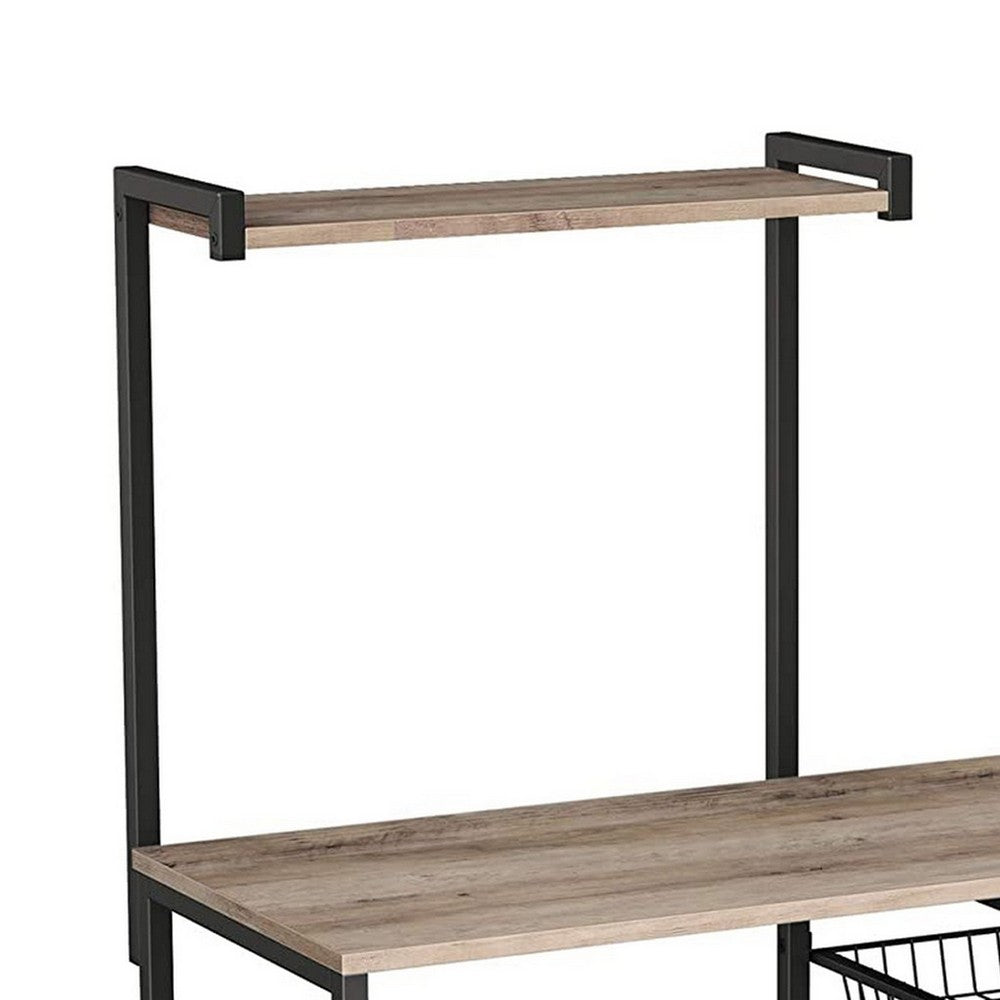 52 Inch Wood Bakers Rack, Kitchen Shelf, 6 Hooks, Workstation, Brown, Black - BM284576