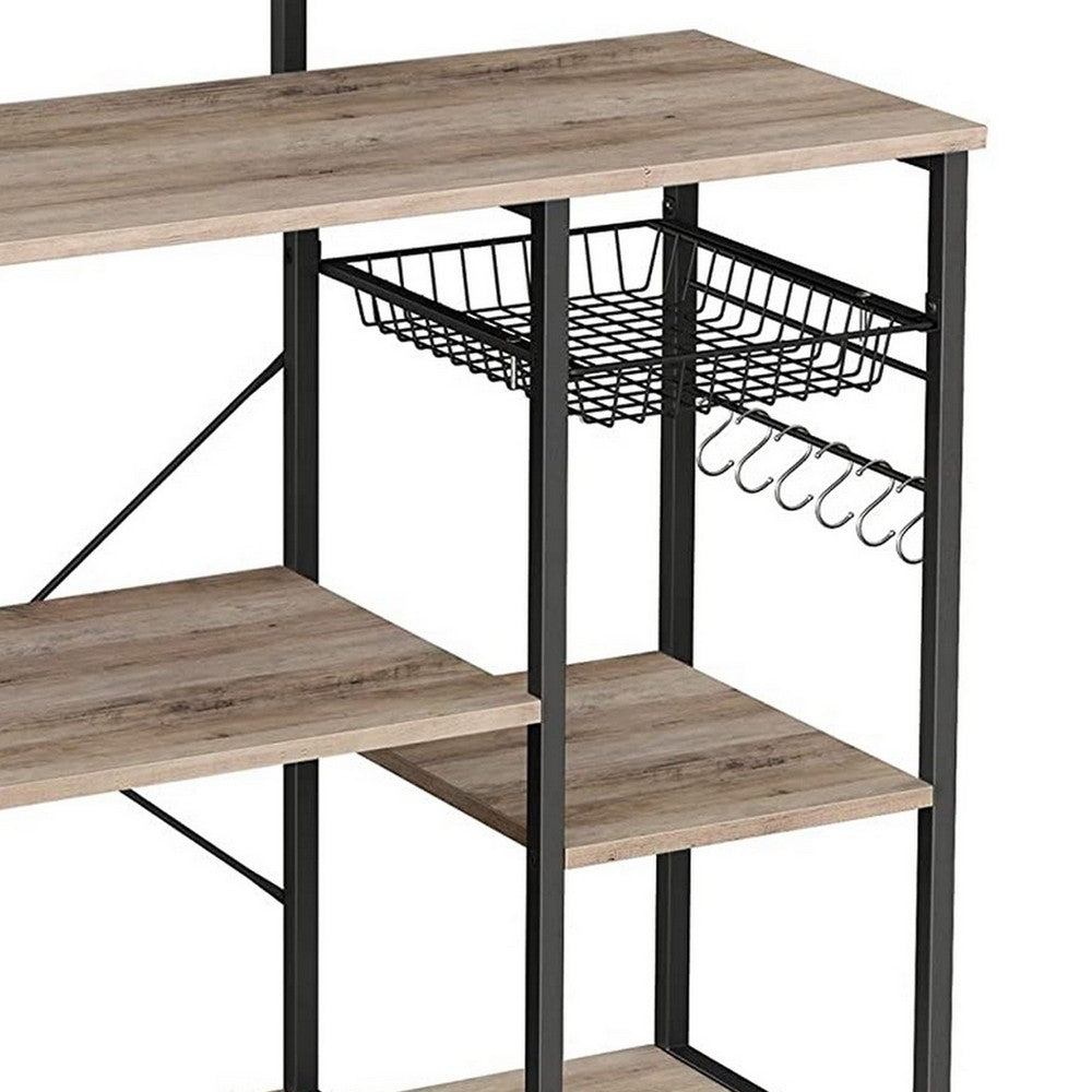 52 Inch Wood Bakers Rack, Kitchen Shelf, 6 Hooks, Workstation, Brown, Black - BM284576