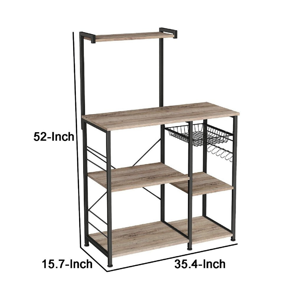 52 Inch Wood Bakers Rack, Kitchen Shelf, 6 Hooks, Workstation, Brown, Black - BM284576