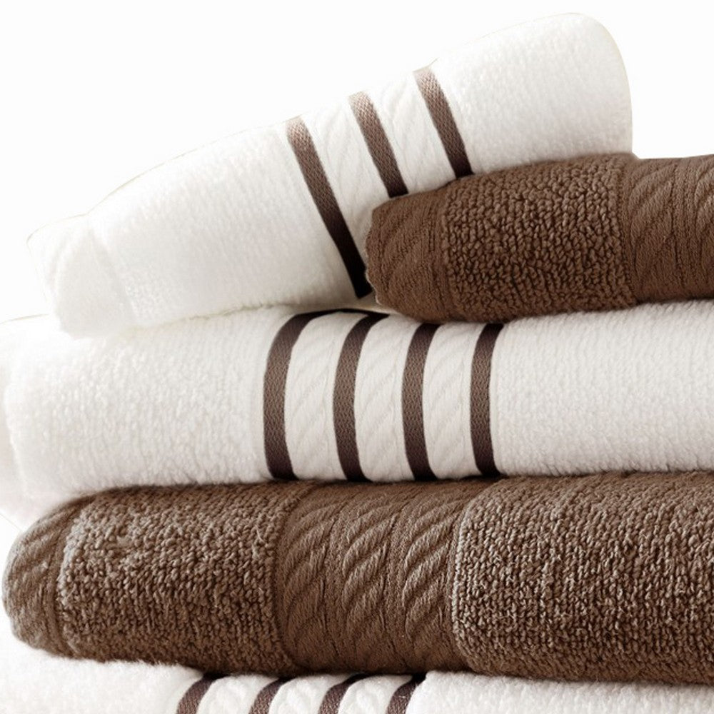 Benjara Dana 6 Piece Soft Egyptian Cotton Towel Set Striped Pattern Brown White BM284583 Benzara