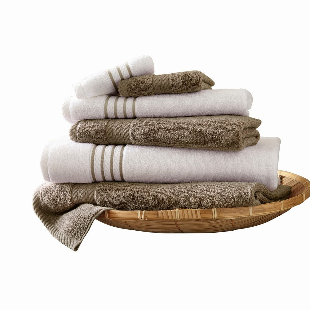 Dana 6 Piece Soft Egyptian Cotton Towel Set, Striped Pattern, Taupe, White - BM284585