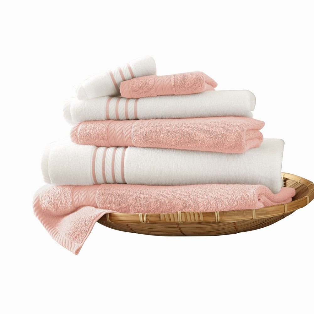 Dana 6 Piece Soft Egyptian Cotton Towel Set, Striped Pattern, Pink, White - BM284587