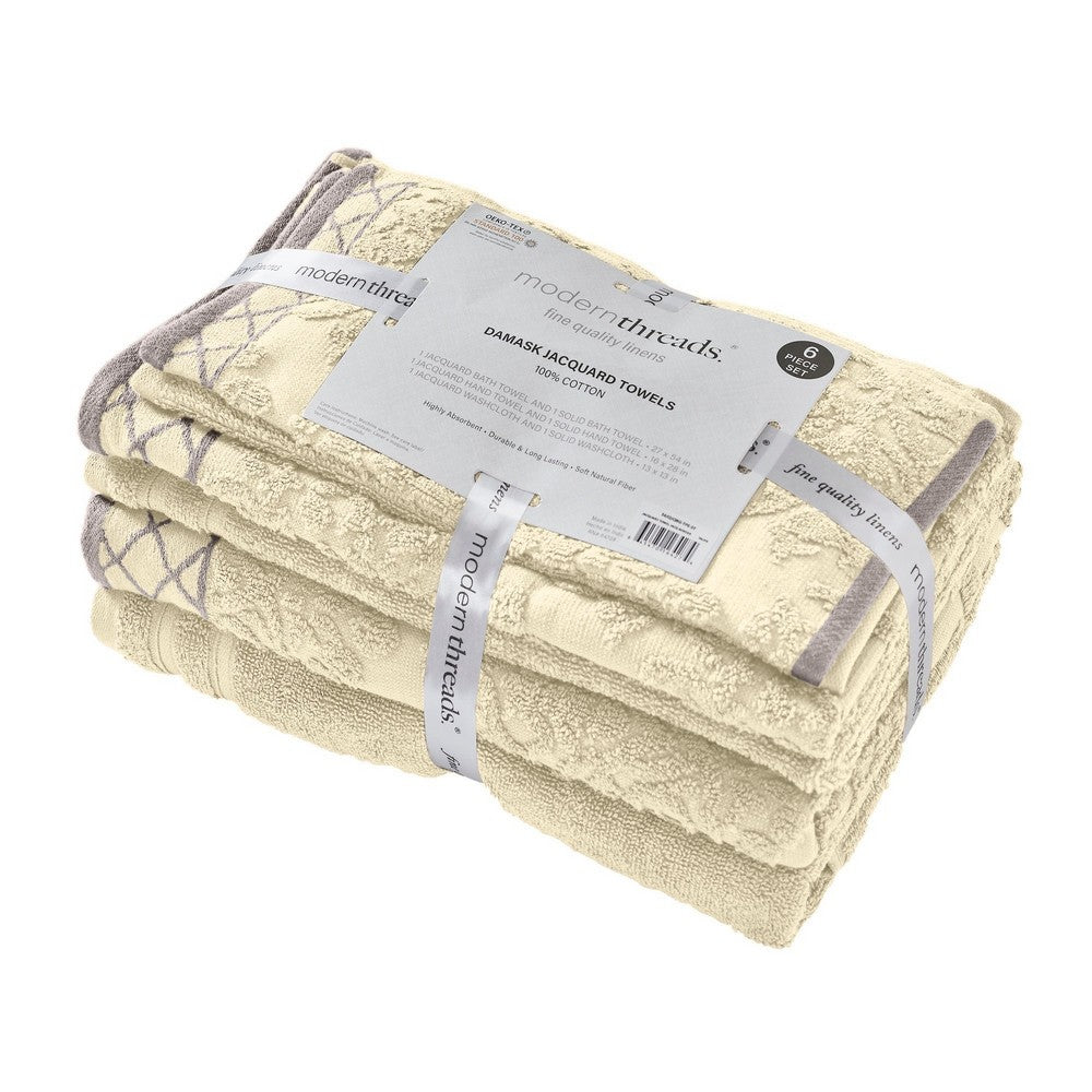 Noa 6 Piece Soft Egyptian Cotton Towel Set, Solid Damask Pattern, Beige - BM284596