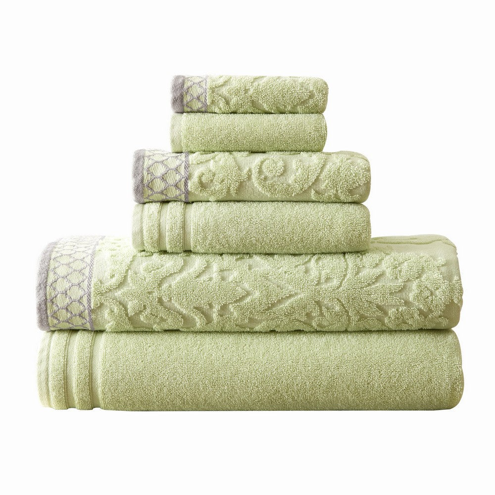 Noa 6 Piece Soft Egyptian Cotton Towel Set, Solid Damask Trim, Green - BM284598