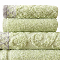 Noa 6 Piece Soft Egyptian Cotton Towel Set, Solid Damask Trim, Green - BM284598