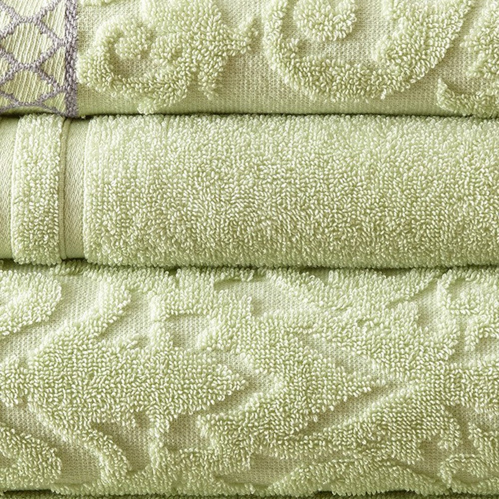 Noa 6 Piece Soft Egyptian Cotton Towel Set, Solid Damask Trim, Green - BM284598