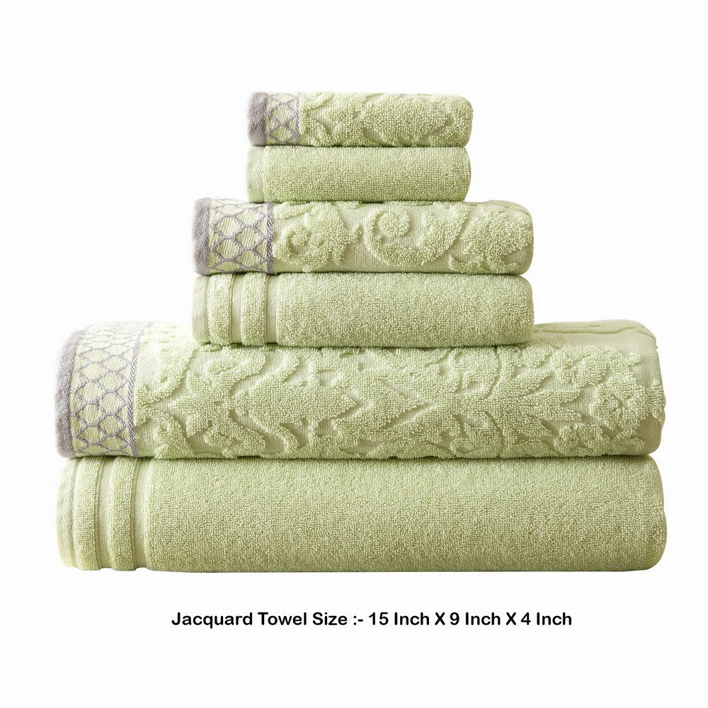 Noa 6 Piece Soft Egyptian Cotton Towel Set, Solid Damask Trim, Green - BM284598