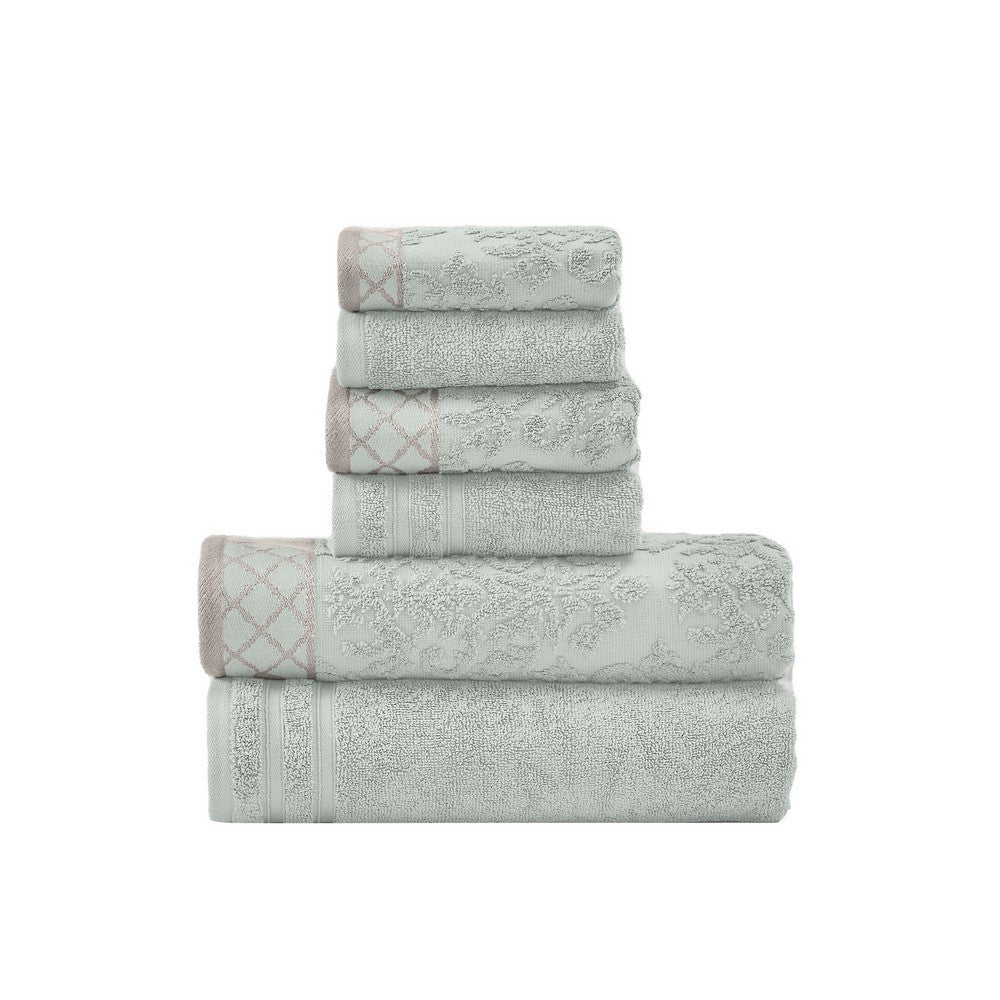 Noa 6 Piece Soft Egyptian Cotton Towel Set, Solid, Damask Trim, Slate Gray - BM284599