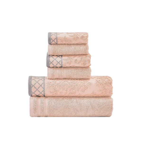 Noa 6 Piece Soft Egyptian Cotton Towel Set, Solid Damask Pattern Trim, Pink - BM284600