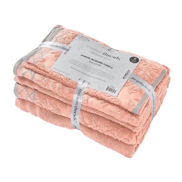 Noa 6 Piece Soft Egyptian Cotton Towel Set, Solid Damask Pattern Trim, Pink - BM284600