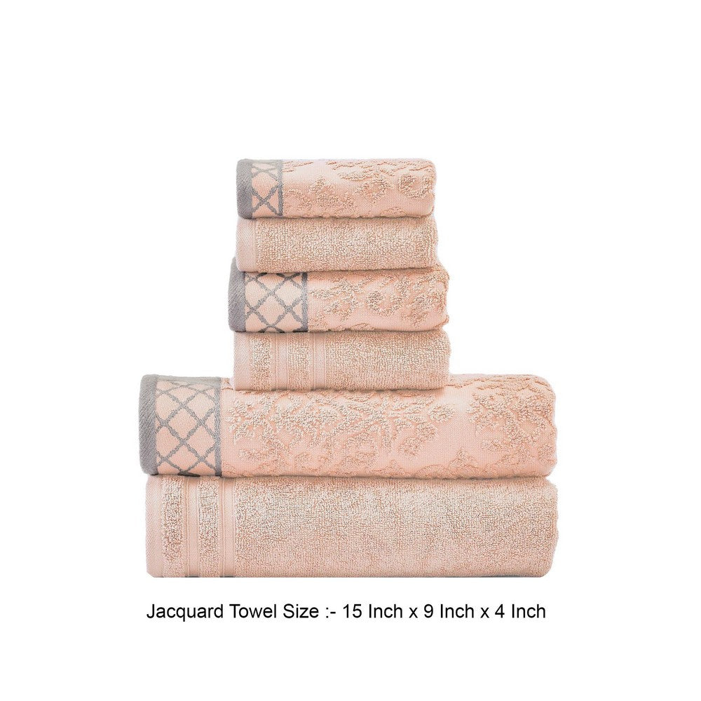 Noa 6 Piece Soft Egyptian Cotton Towel Set, Solid Damask Pattern Trim, Pink - BM284600