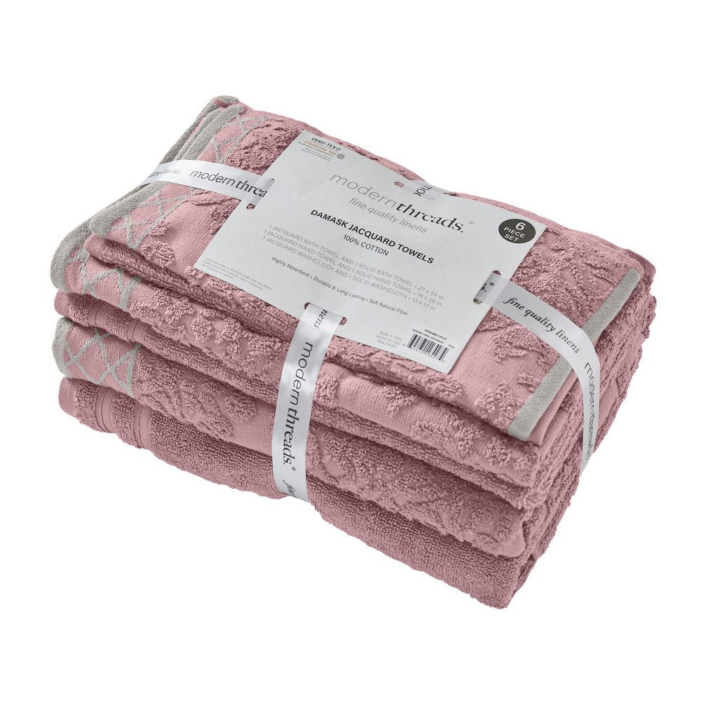 Noa 6 Piece Soft Egyptian Cotton Towel Set, Solid Damask Pattern, Purple - BM284601