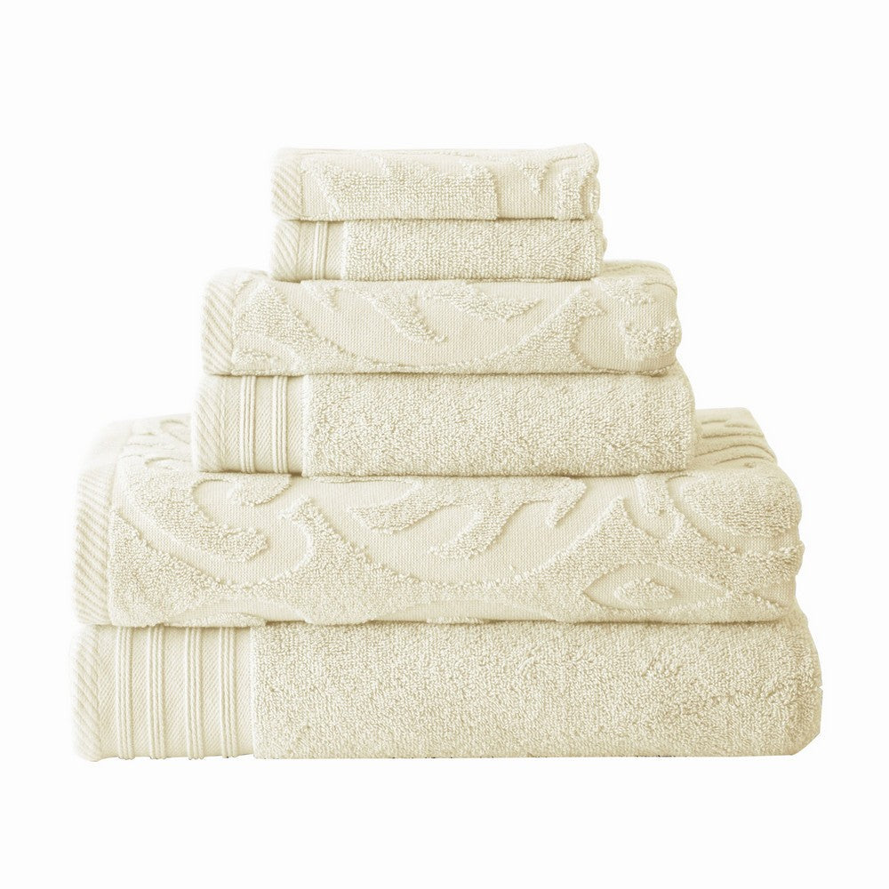 Oya 6 Piece Soft Egyptian Cotton Towel Set, Solid Medallion Pattern, Ivory - BM284603